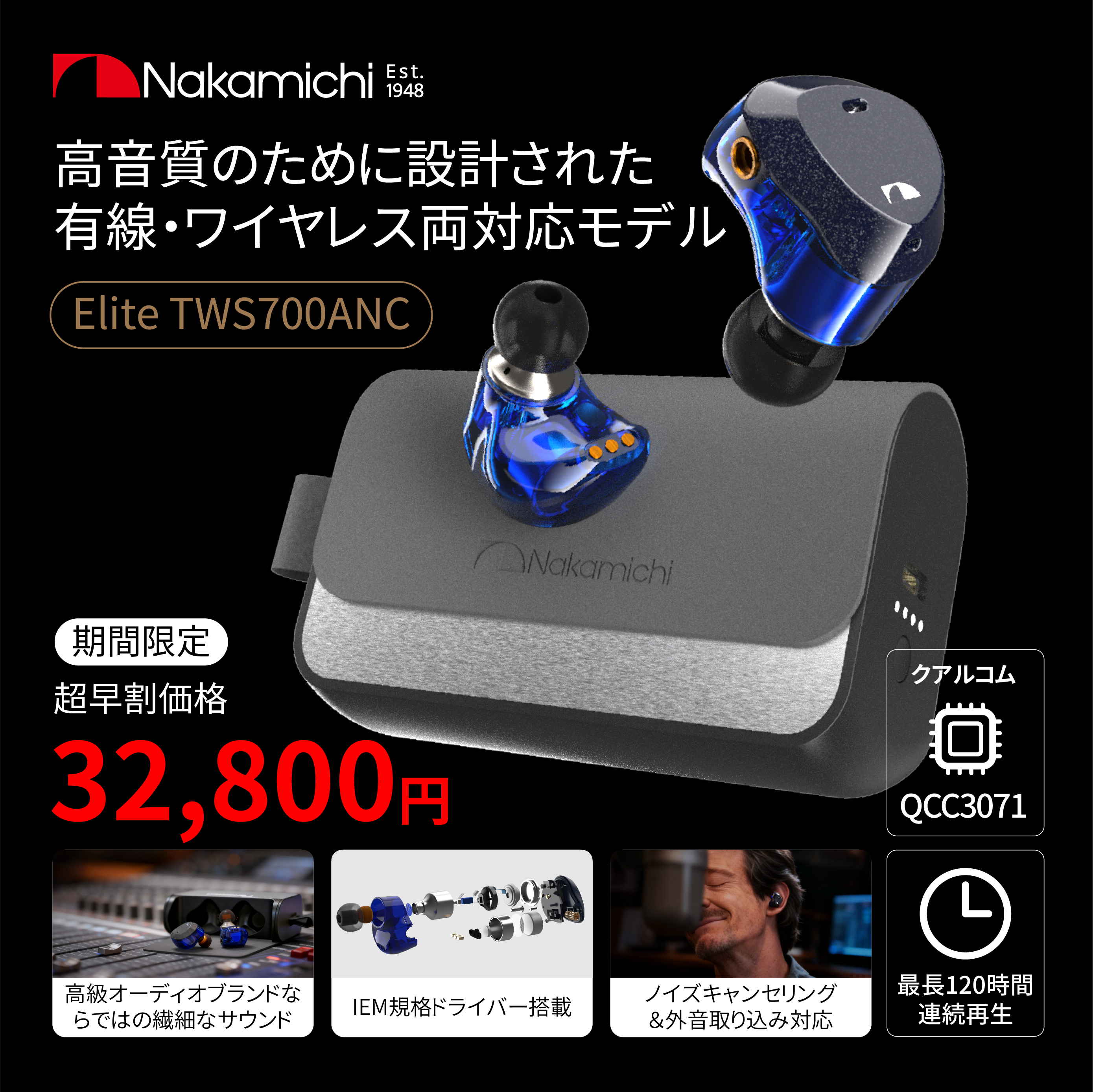 Nakamichi ナカミチサウンドワイヤレス イヤホン 有線無線両用Bluetooth 5.3ブルートゥースイヤホンElite TWS700ANC