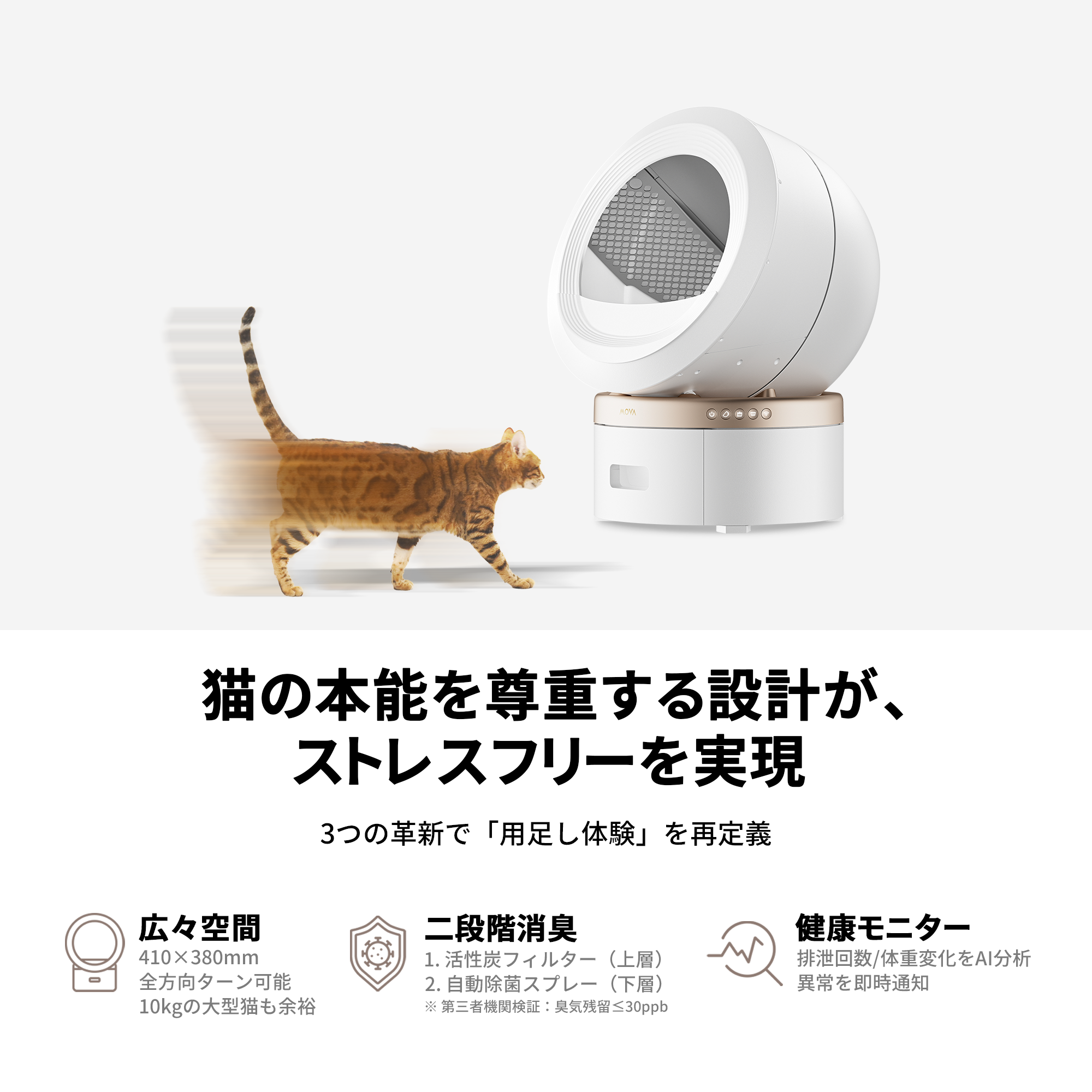 MOVA日本初上陸！スマート消臭猫トイレ 15日間お手入れ不要・二段階消臭システム採用
